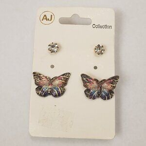 AJ Collection, NWT, 2 prs earrings, colorful butterfly and clear stud earrings